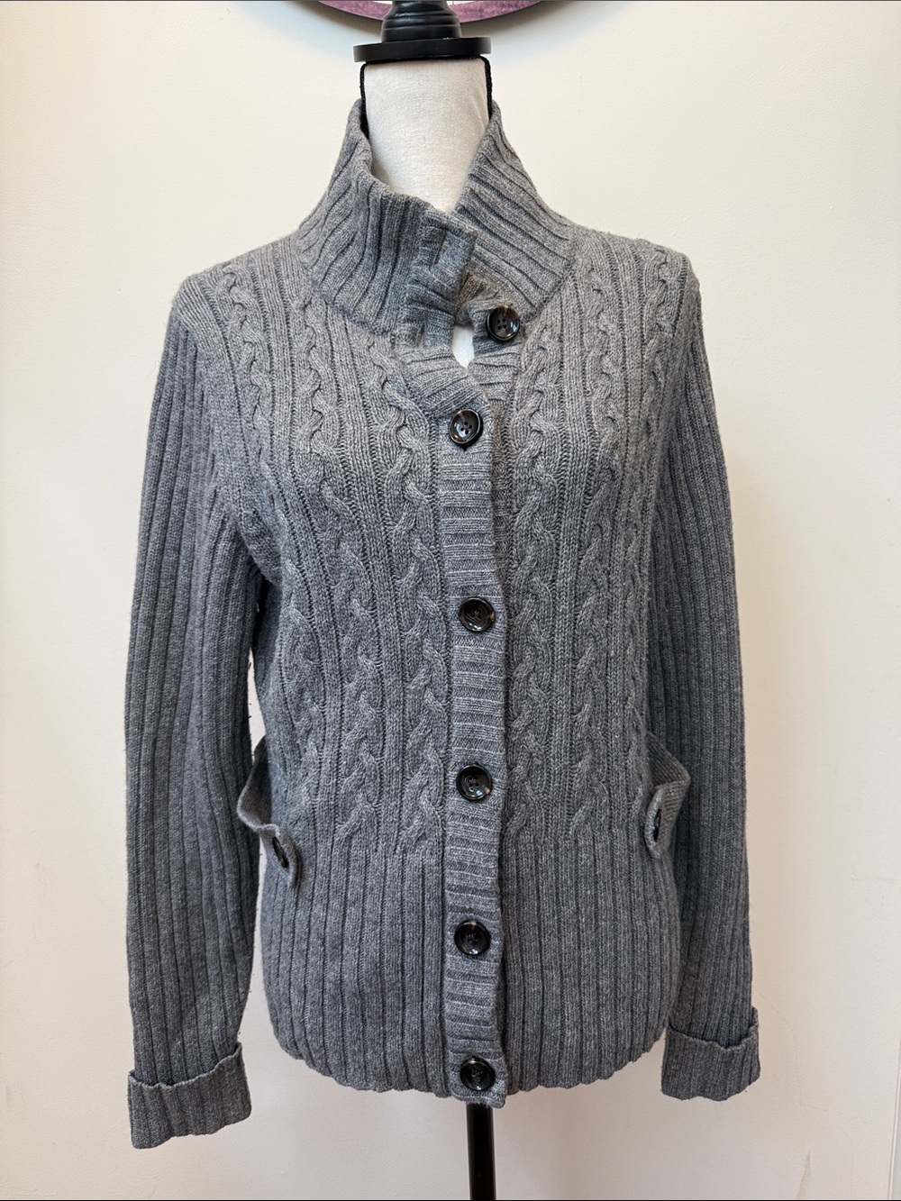 Banana Republic Gray Cable-Knit Button-Up Cardigan